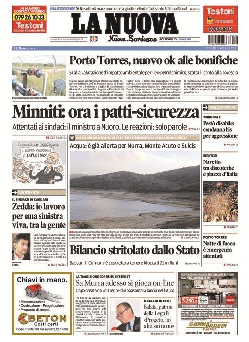 La Nuova Sardegna - Prima Pagina - 19 gennaio 2018 