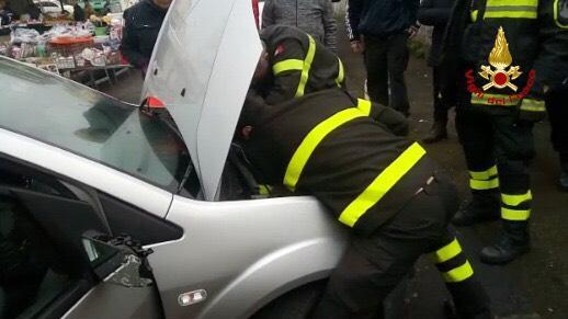 I vigili del fuoco al lavoro per liberare il gattino dal vano motore dell'auto
