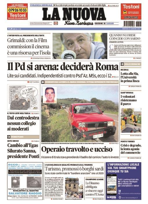 La Nuova Sardegna - Prima Pagina - 23 gennaio 2018