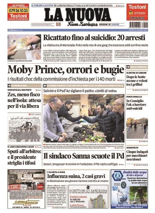 La Nuova Sardegna - Prima Pagina - 25 gennaio 2018