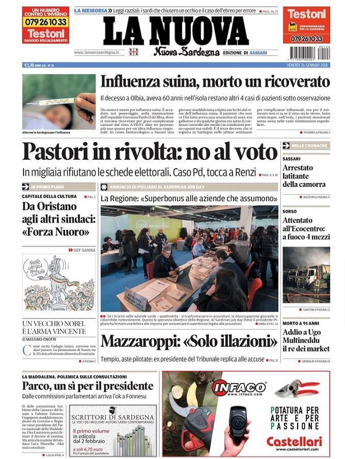 La Nuova Sardegna - Prima Pagina - 26 gennaio 2018 