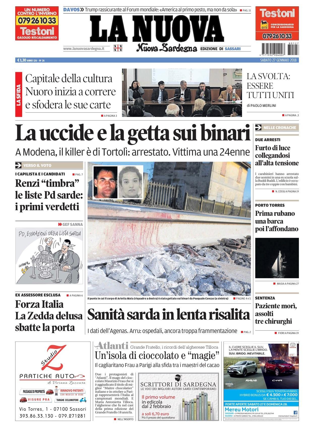 La Nuova Sardegna - Prima Pagina - 27 gennaio 2018