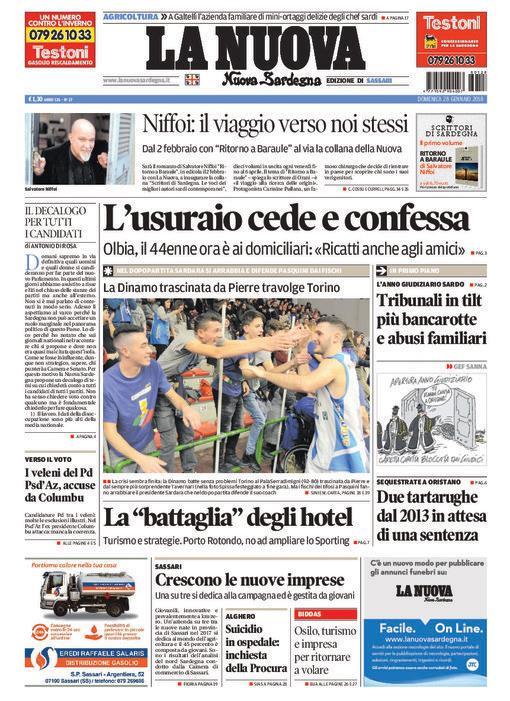 La Nuova Sardegna - Prima Pagina - 28 gennaio 2018