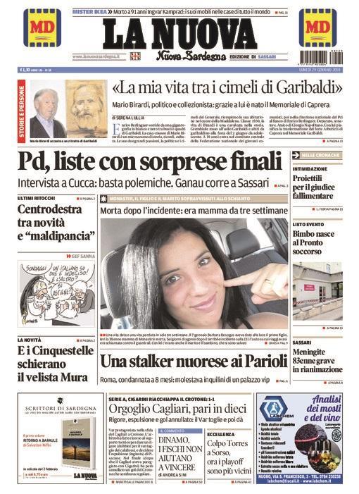 La Nuova Sardegna - Prima Pagina - 29 gennaio 2018