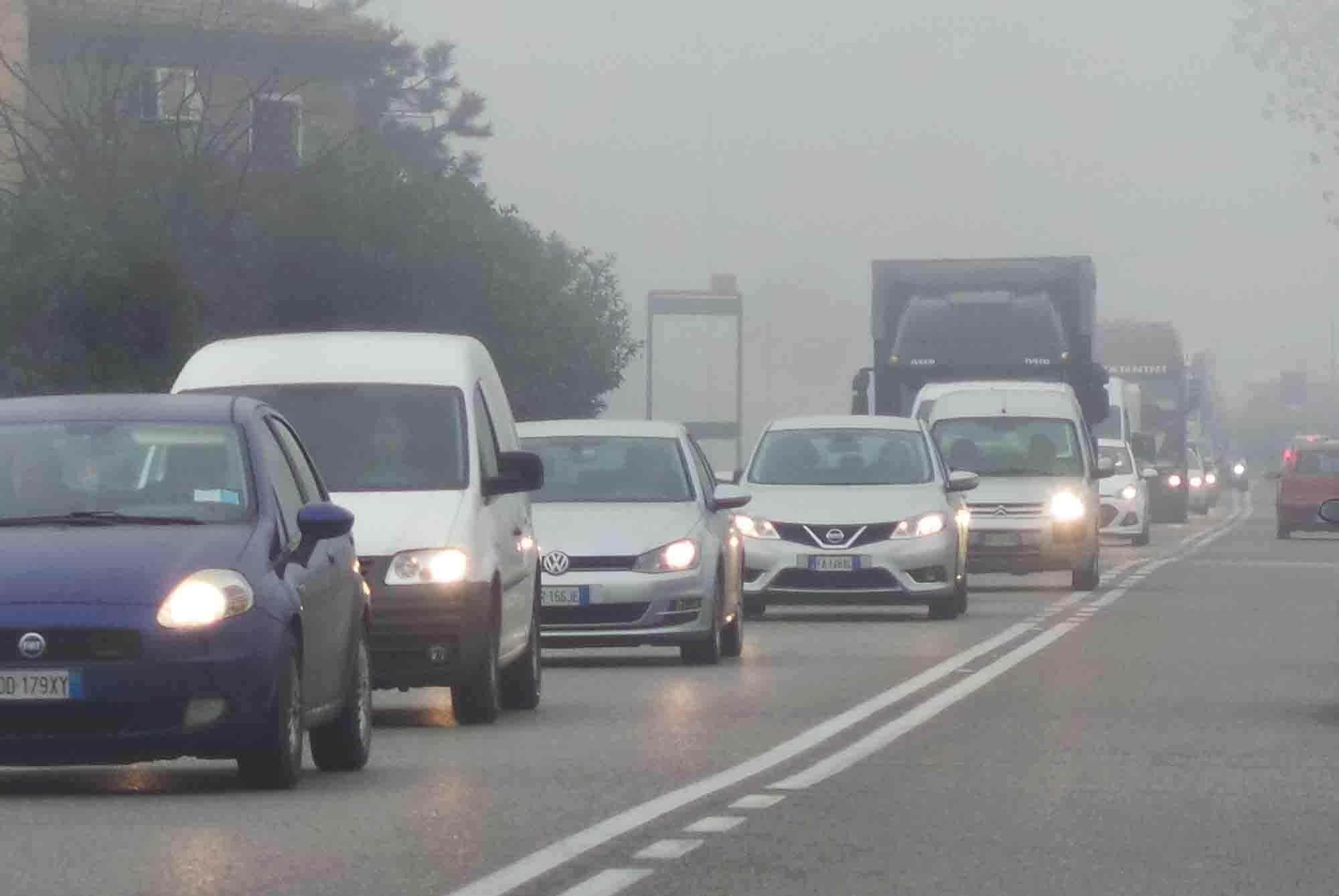 Nebbia e auto in coda (foto archivio)