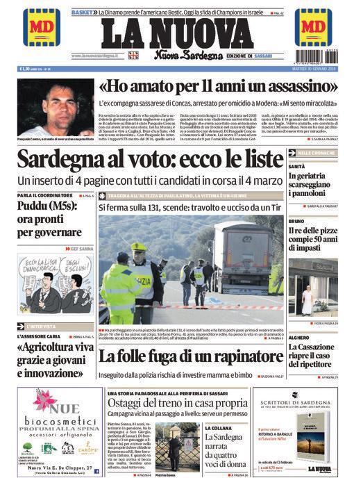 La Nuova Sardegna - Prima Pagina - 30 gennaio 2018