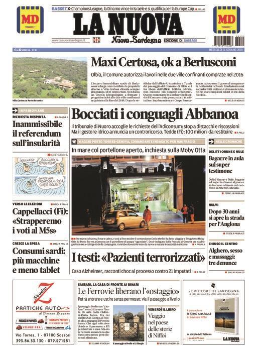 La Nuova Sardegna - Prima Pagina - 31 gennaio 2018