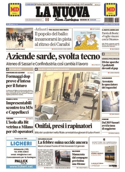 La Nuova Sardegna - Prima Pagina - 3 febbraio 2018