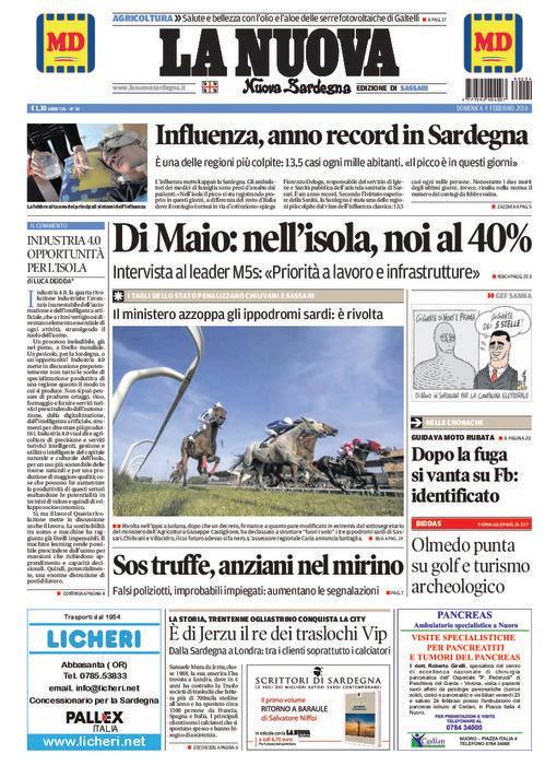 La Nuova Sardegna - Prima Pagina - 4 febbraio 2018