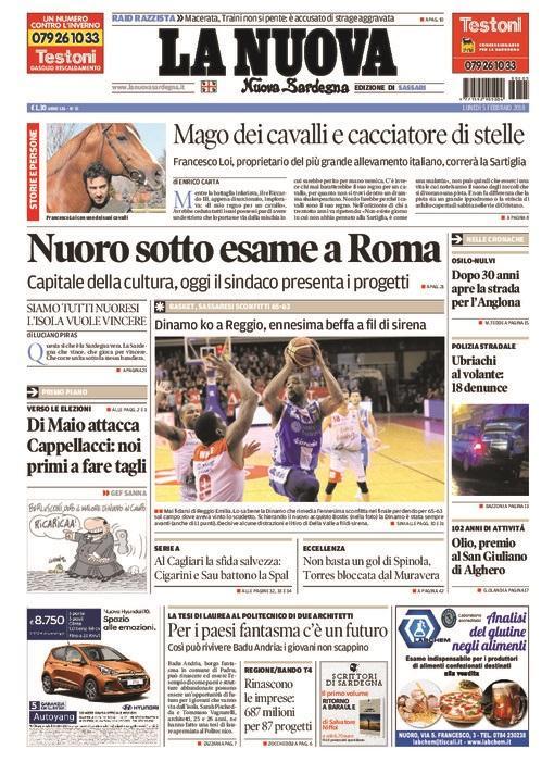 La Nuova Sardegna - Prima Pagina - 5 febbraio 2018