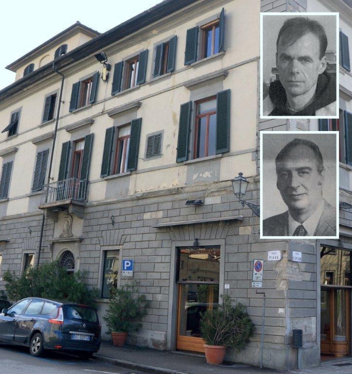Il palazzo che ospitava lo studio Spighi. In alto Elfino Mortati, in basso Gianfranco Spighi