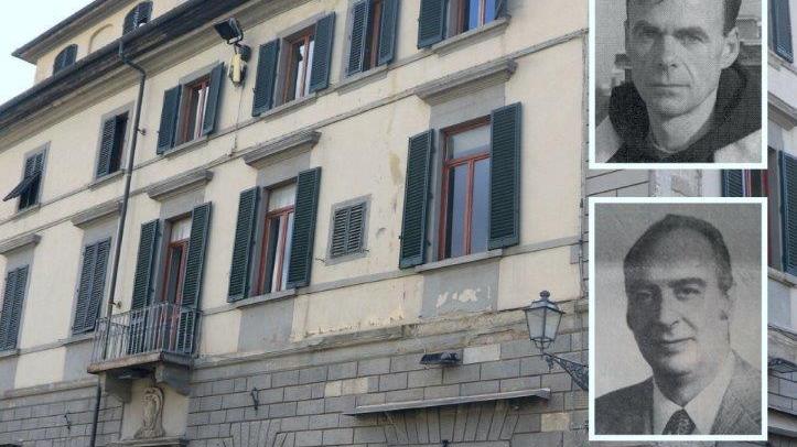 Il palazzo che ospitava lo studio Spighi. In alto Elfino Mortati, in basso Gianfranco Spighi