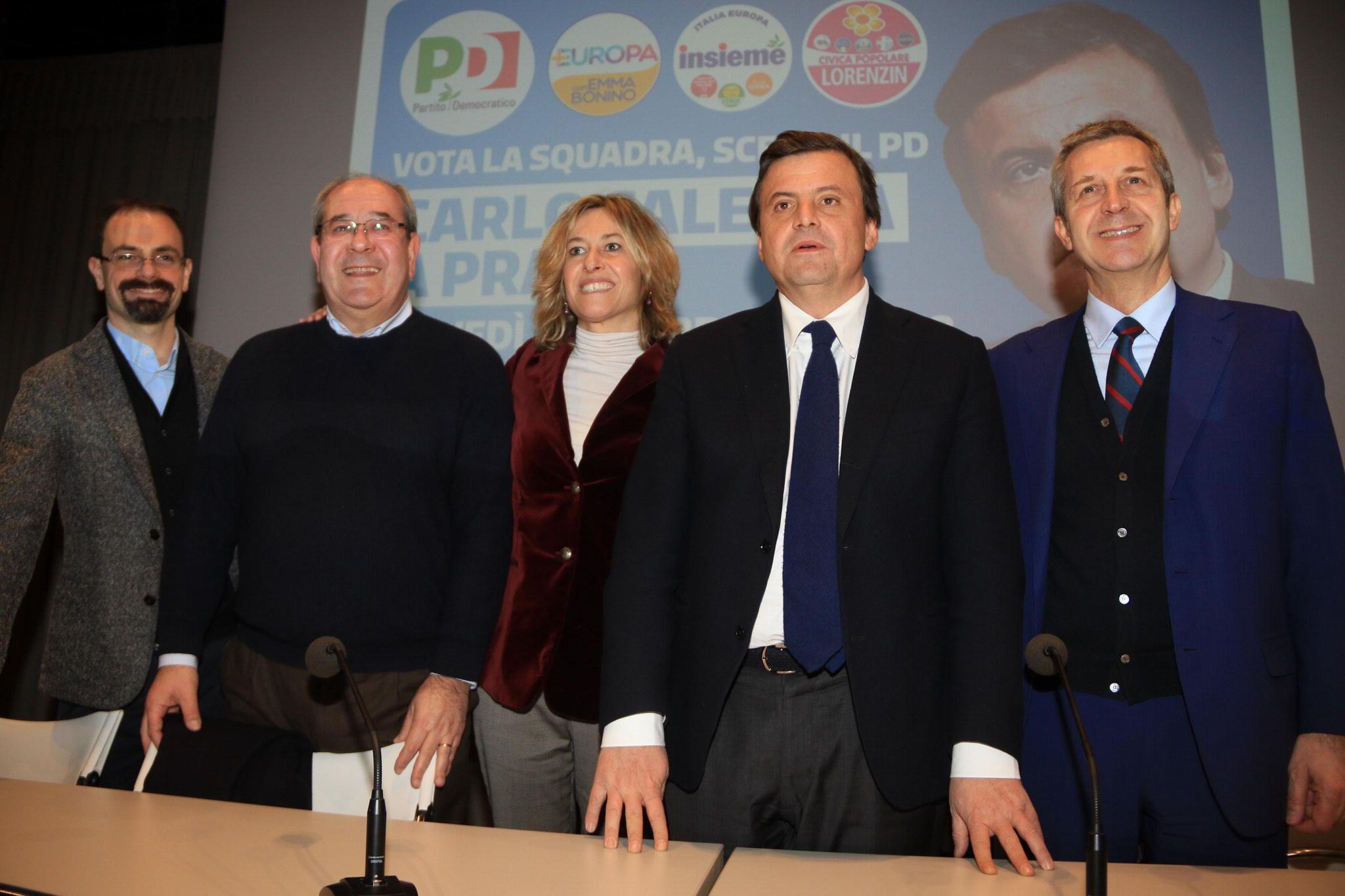 Il segretario provinciale del Pd Gabriele Bosi, il sottosegretario e candidato Antonello Giacomelli, la candidata Caterina Bini, il ministro Carlo Calenda, il sottosegretario e candidato di Più Europa Benedetto Della Vedova (foto Sproviero-Batavia)