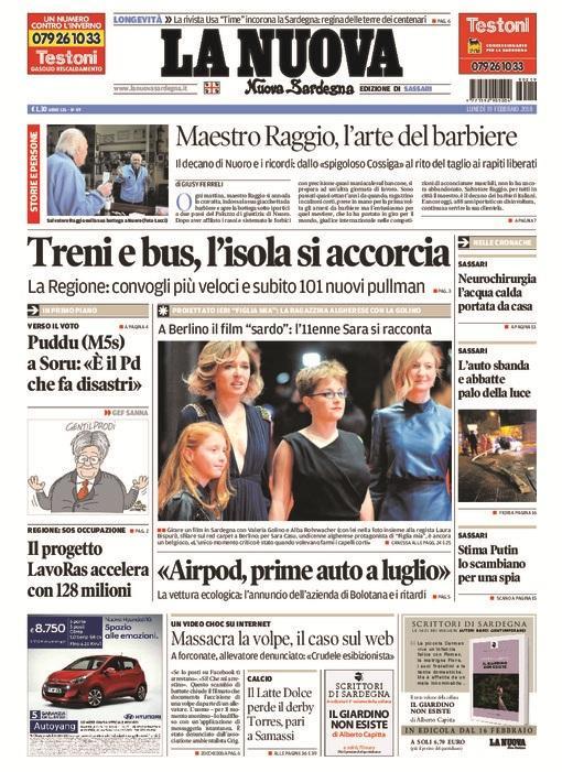 La Nuova Sardegna - Prima Pagina - 19 febbraio 2018