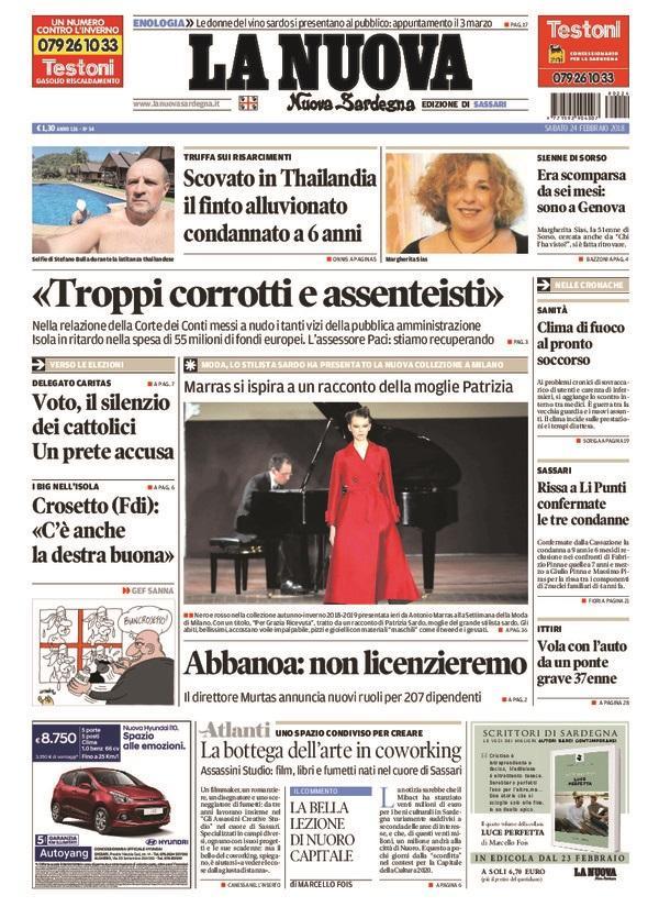 La Nuova Sardegna - Prima Pagina -  24 febbraio 2018