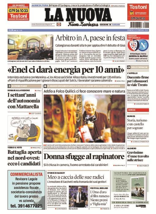 La Nuova Sardegna - Prima Pagina -  25 febbraio 2018 
