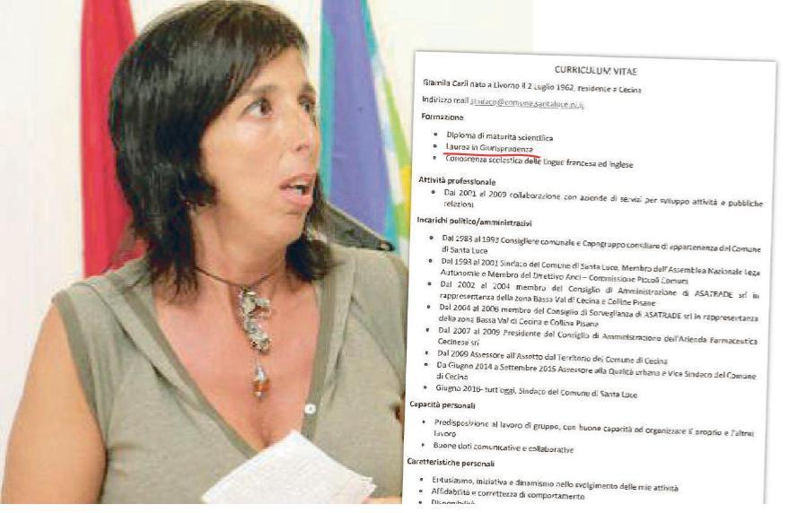 La sindaca di Santa Luce e il suo curriculum in cui dichiara di essere laureata in legge