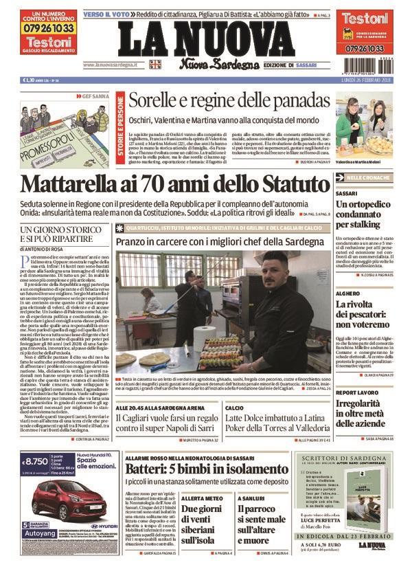 La Nuova Sardegna - Prima Pagina -  26 febbraio 2018