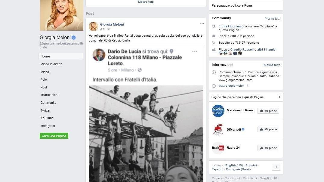 Giorgia Meloni in un fotomontaggio col cadavere di Mussolini: polemica su De Lucia