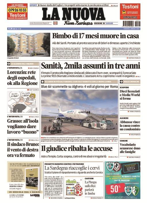 La Nuova Sardegna - Prima Pagina - 2 marzo 2018