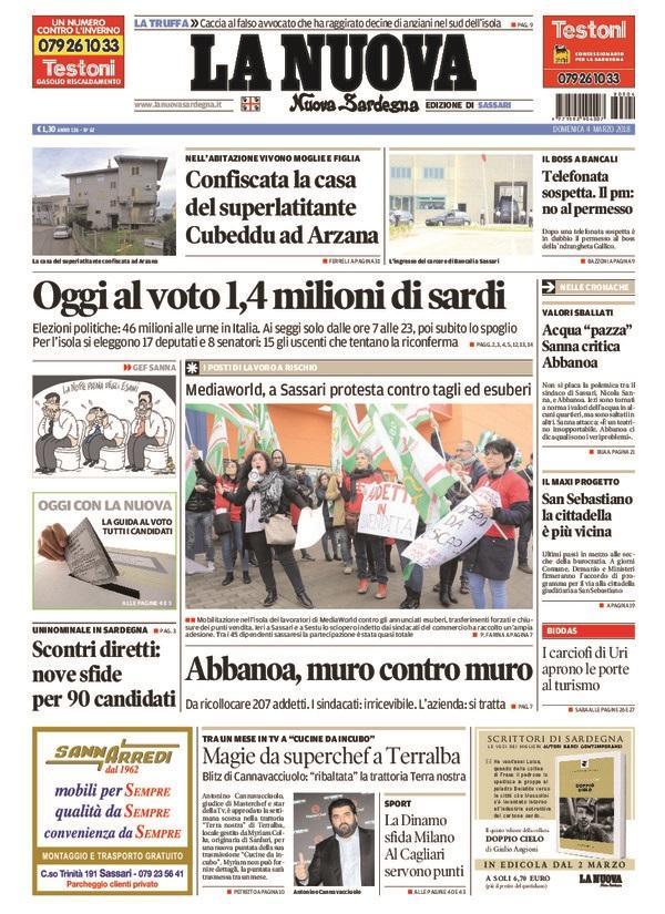 La Nuova Sardegna - Prima Pagina - 4 marzo 2018