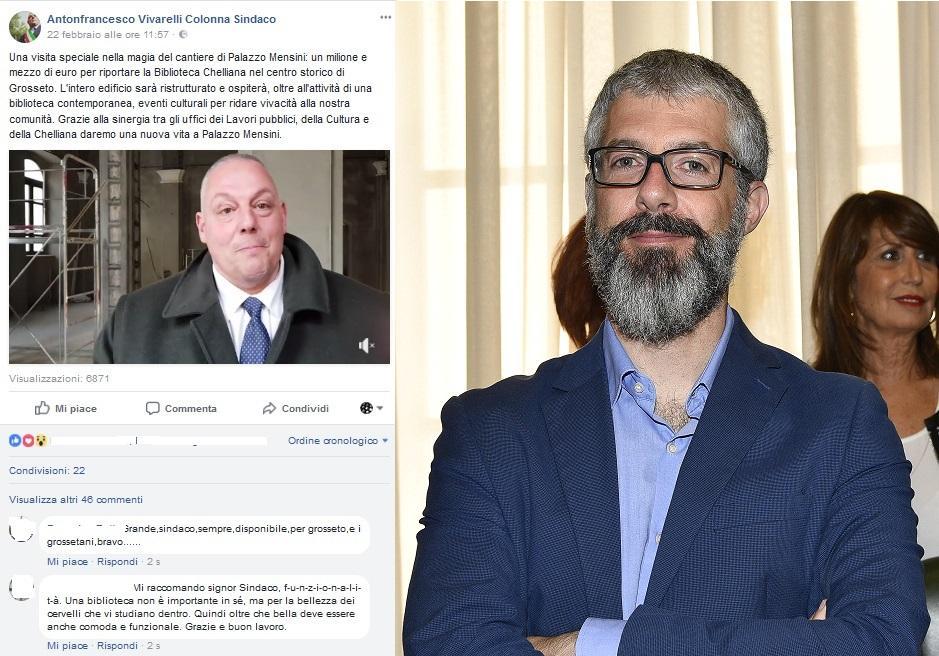 Uno dei post di Vivarelli Colonna finiti nel richiamo del Corecom e, a destra, Carlo De Martis (foto Agenzia Bf)