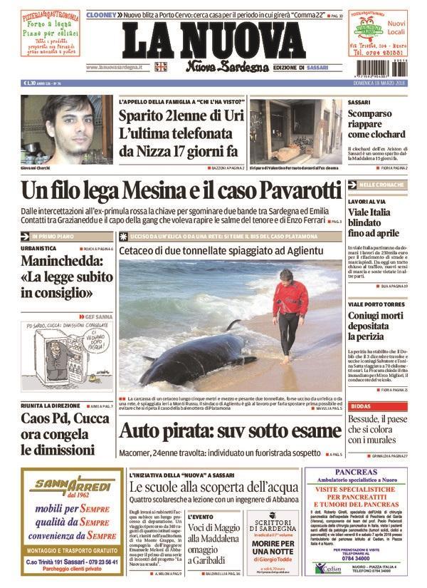La Nuova Sardegna - Prima Pagina - 18 marzo 2018