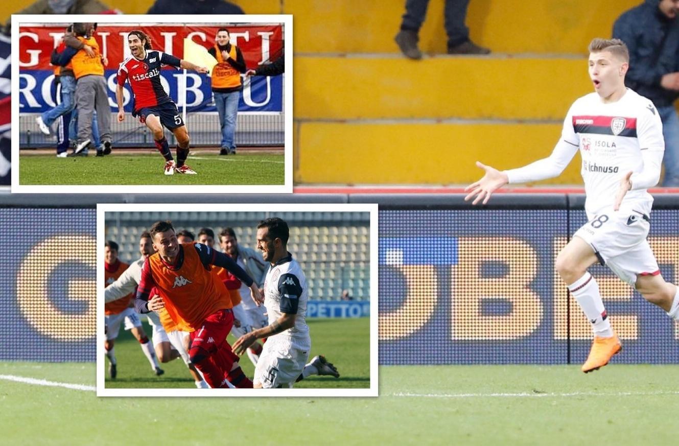 L'urlo di gioia di Barella a Benevento. Nei riquadri,  Conti  e Sau dopo i gol al Napoli e a Modena