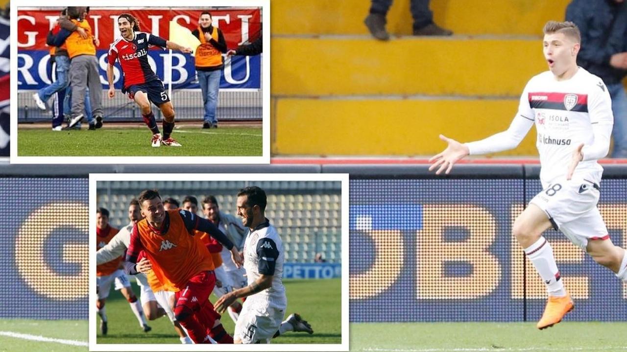 L'urlo di gioia di Barella a Benevento. Nei riquadri,  Conti  e Sau dopo i gol al Napoli e a Modena