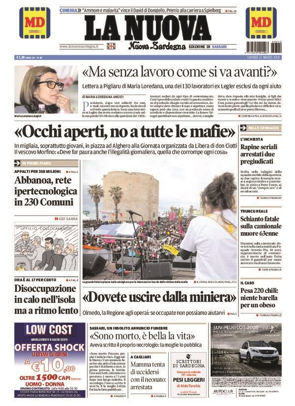 La Nuova Sardegna - Prima Pagina - 22 marzo 2018
