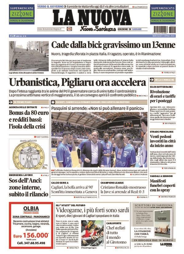 La Nuova Sardegna - Prima Pagina - 4 aprile 2018