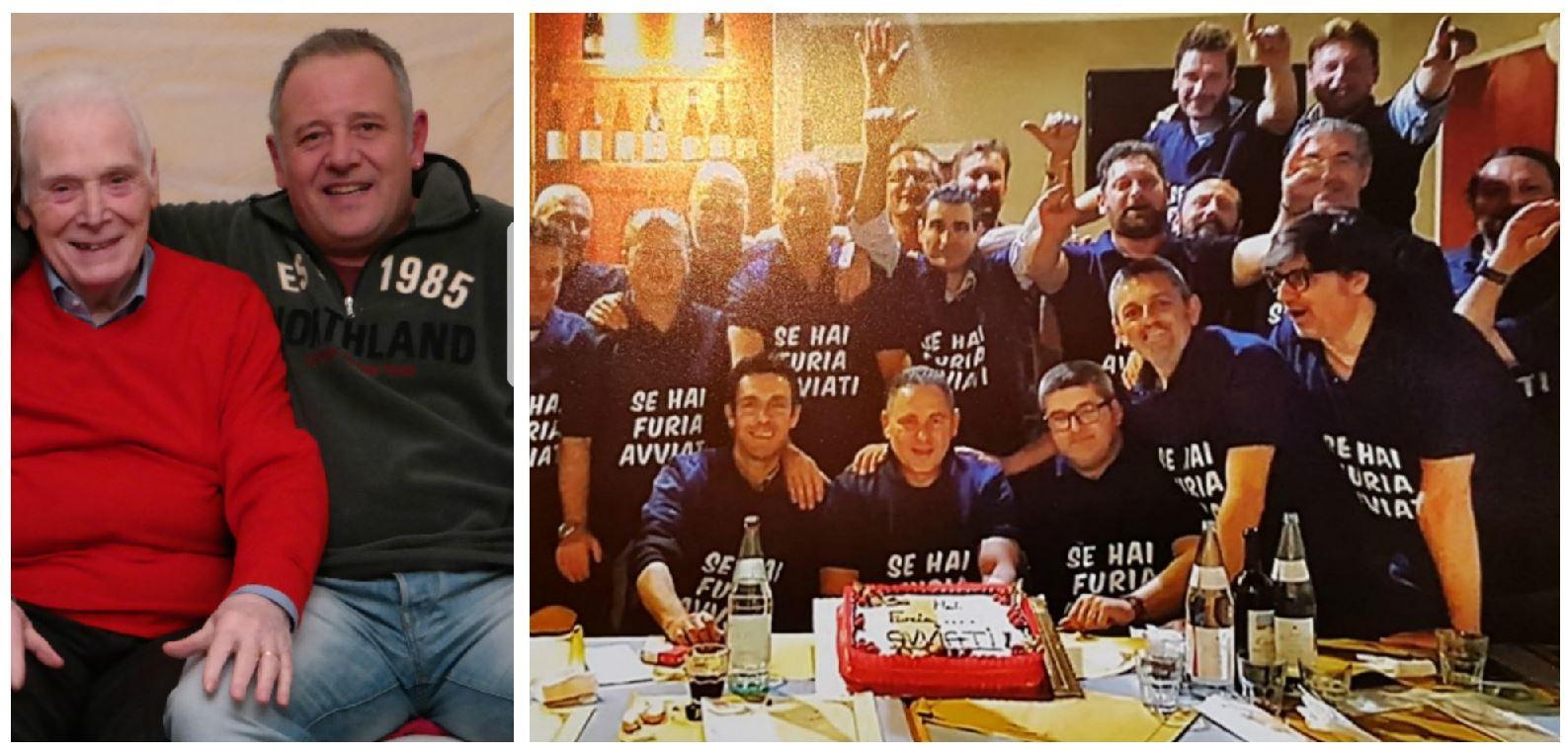 Da sinistra Silvano Donnini con il figlio Enrico. Accanto una cena del gruppo di amici che partiranno per Montenero 