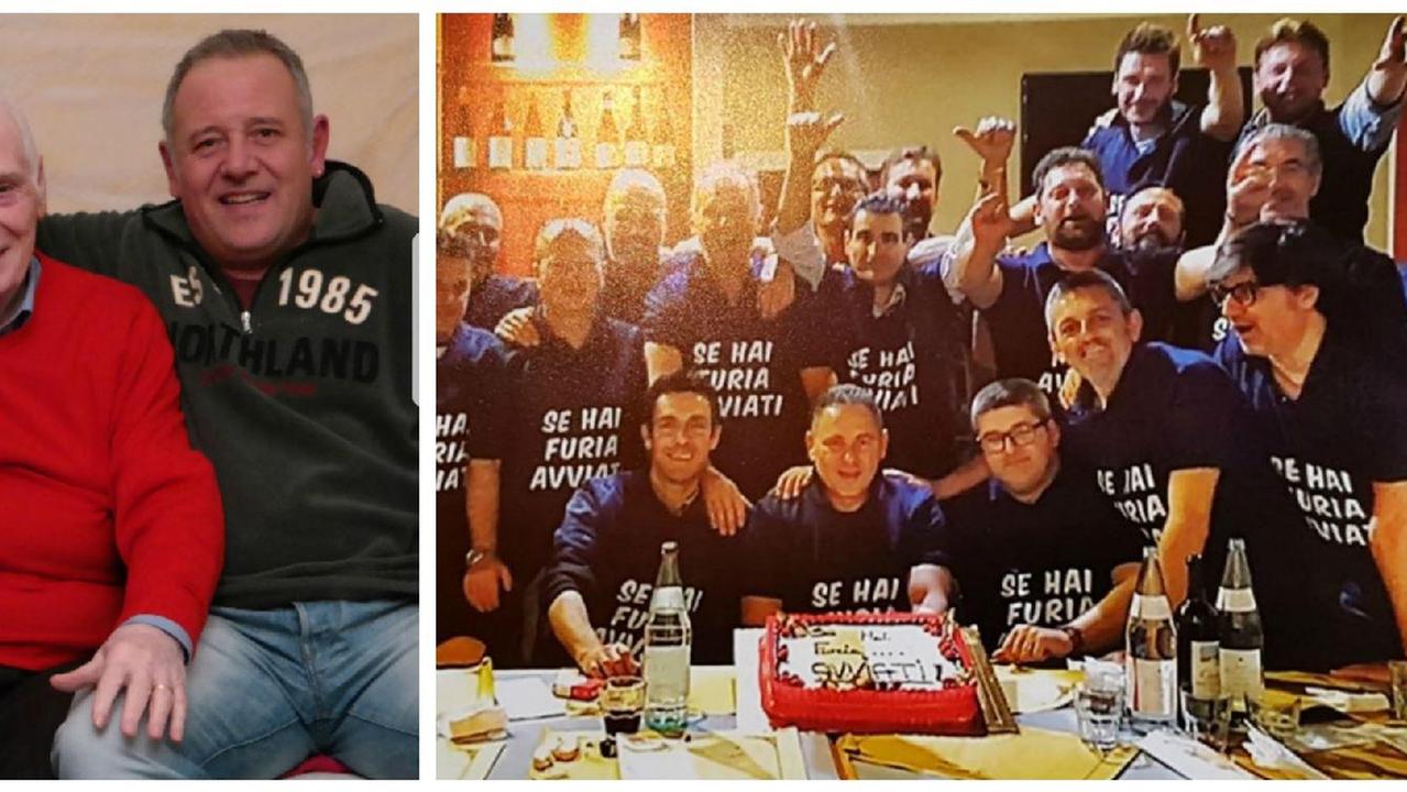 Da sinistra Silvano Donnini con il figlio Enrico. Accanto una cena del gruppo di amici che partiranno per Montenero