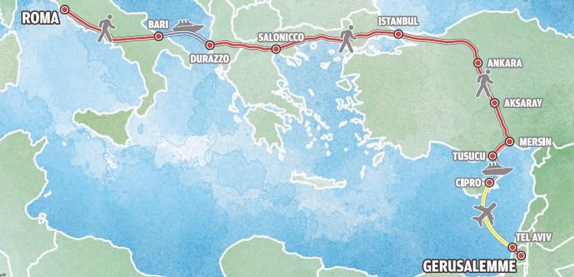 Il viaggio di Paolo, a piedi da Roma a Gerusalemme «sulla rotta dei crociati» 
