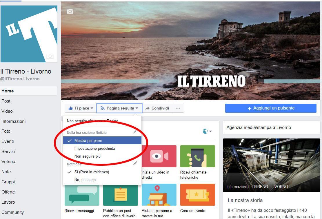 Facebook: ecco come vedere i post del Tirreno Livorno "per primi" 