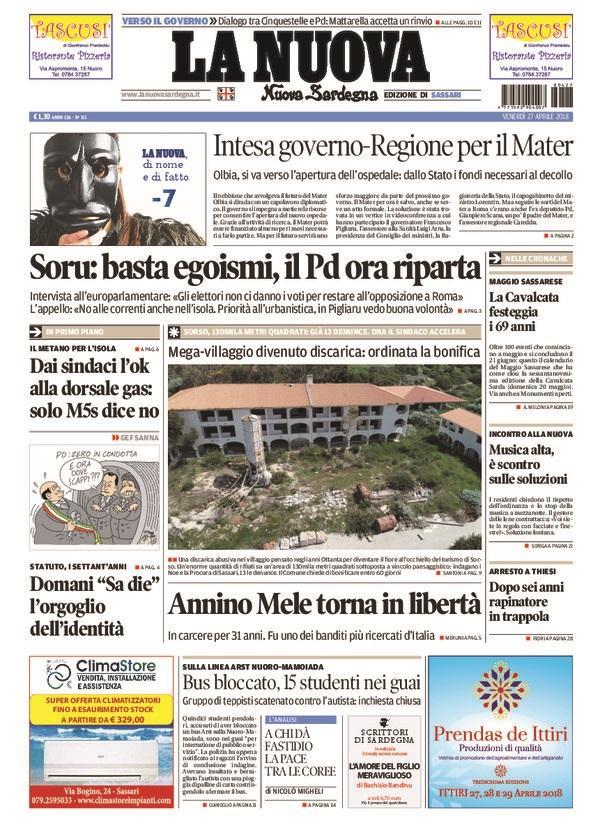 La Nuova Sardegna - Prima Pagina - 27 aprile 2018