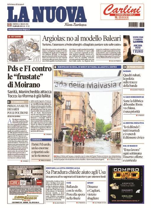 La Nuova Sardegna - Prima Pagina -  6 maggio 2018