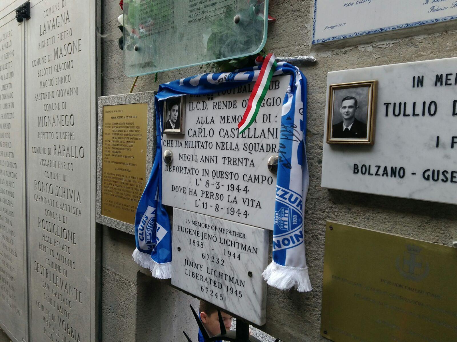 Una sciarpa azzurra sulla lapide di Carlo Castellani a Gusen