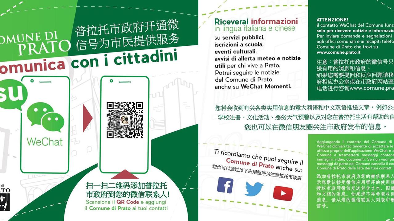 Il volantino sul profilo Wechat del Comune di Prato