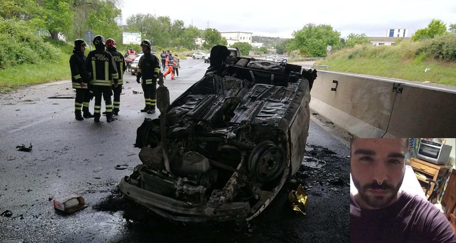 L'auto bruciata e, nel riquadro, la vittima Alessandro Ortu