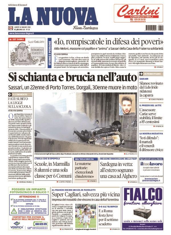 La Nuova Sardegna - Prima Pagina - 14 maggio 2018
