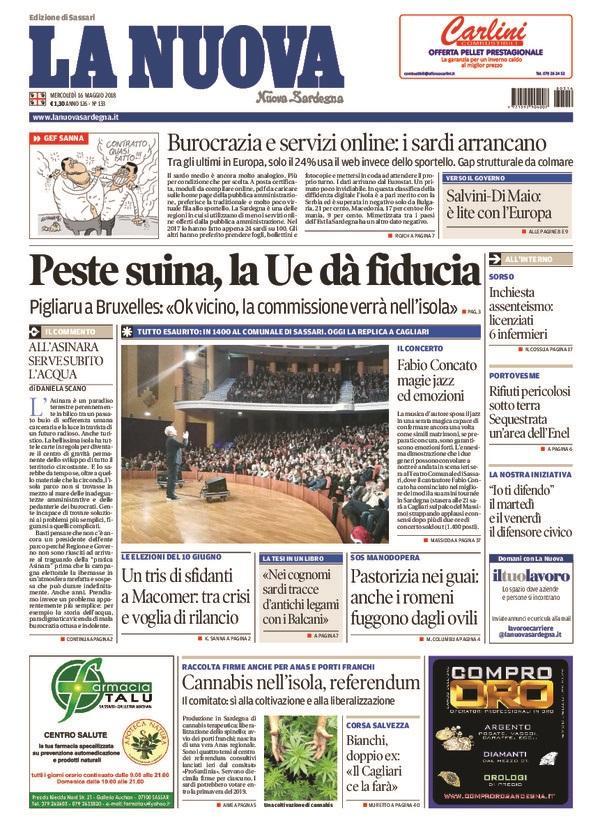 La Nuova Sardegna - Prima Pagina - 16 maggio 2018