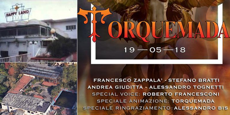 In alto a sinistra uno scatto del mitico Happyland, in basso come è ridotto oggi. Al centro il "flyer" dell'evento a Sovigliana