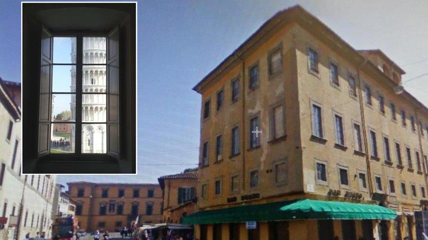 Il complesso dei Trovatelli e, nel riquadro, la vista della Torre da una delle stanze dell’immobile