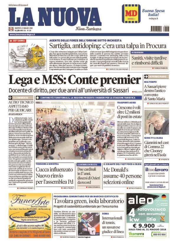 La Nuova Sardegna - Prima Pagina - 22 maggio 2018