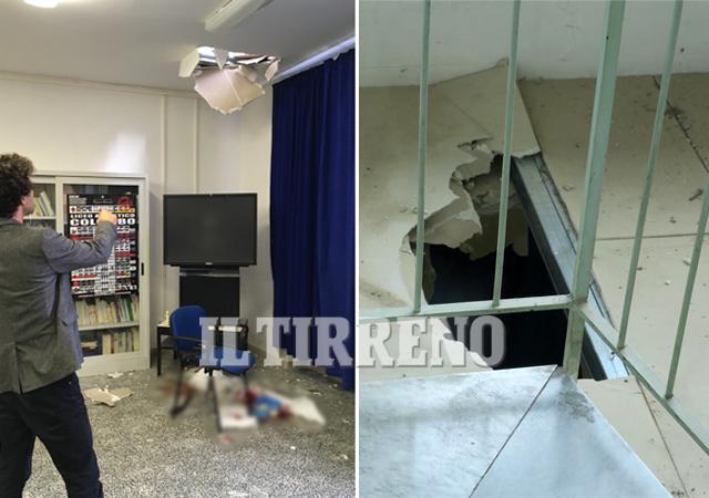 Il pavimento crollato e dove è precipitato il professore