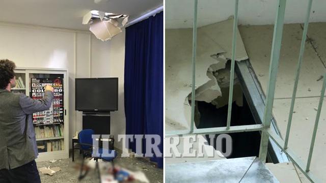 Il pavimento crollato e dove è precipitato il professore
