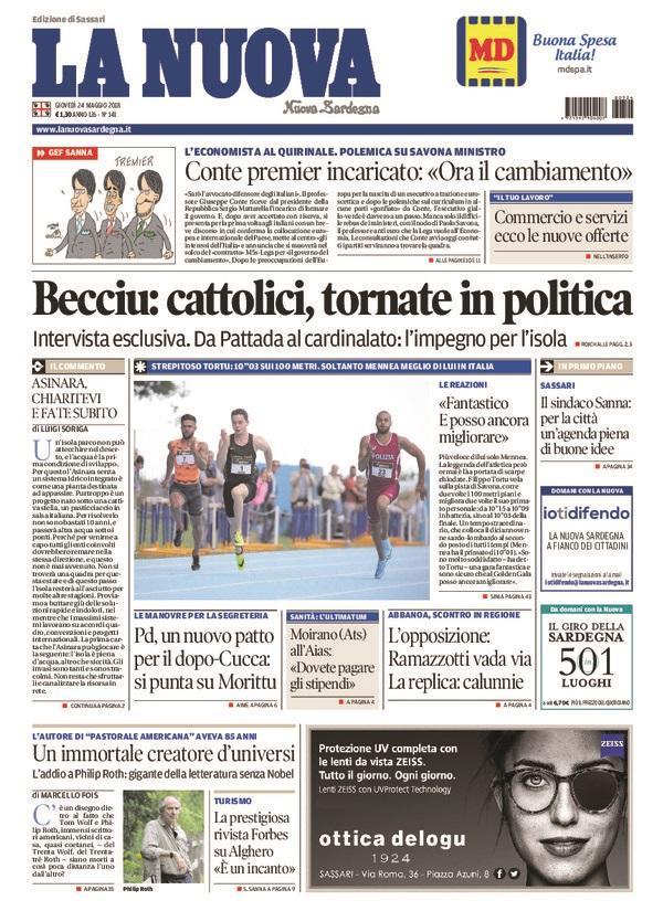 La Nuova Sardegna - Prima Pagina - 24 maggio 2018