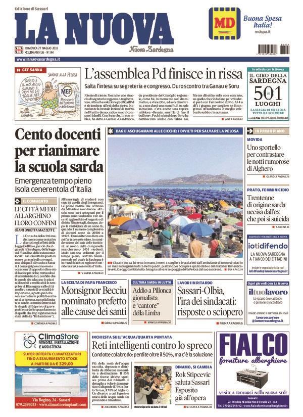 La Nuova Sardegna - Prima Pagina - 27 maggio 2018