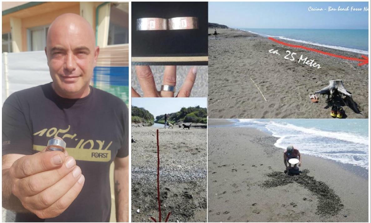 Enrico Callegher e il tratto di spiaggia in cui ha ritrovato l'anello 